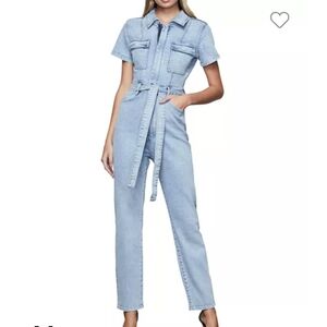 Good american belted denim jumpsuits